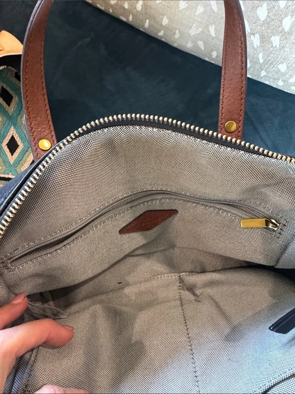Black Leather Satchel with Detachable Patterned Strap